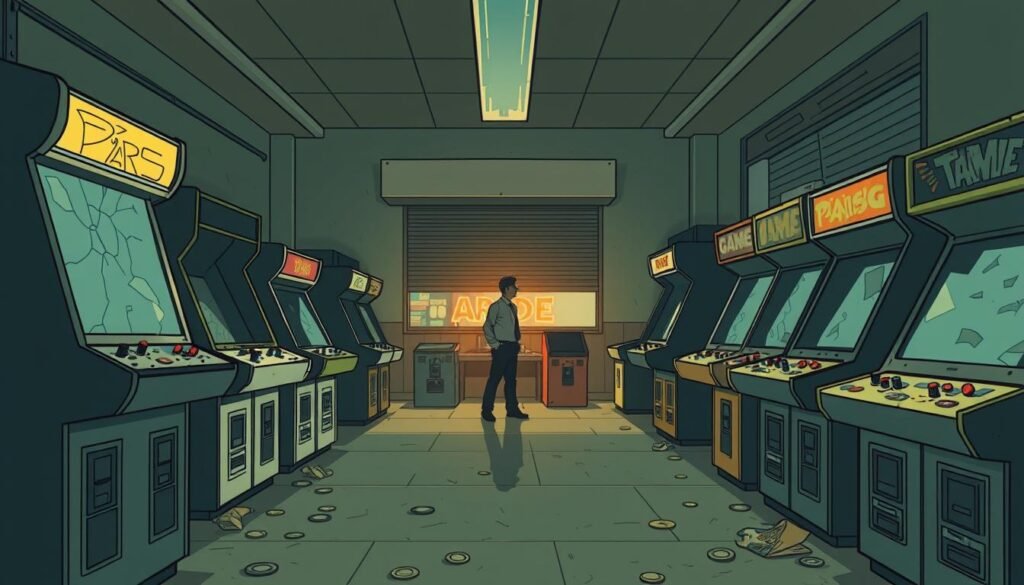 An abandoned arcade filled with vintage arcade cabinets, showcasing dust-covered machines from the '80s and '90s, some with cracked screens. In the foreground, a distant silhouette of a person in professional business attire inspecting the cabinets, conveying a sense of nostalgia and loss. The middle ground features empty game machines, a flickering neon light casting a moody ambiance, and scattered game tokens on the floor. In the background, partially closed roller shutters hint at the outside world's quietness during the pandemic. Soft, dim lighting creates an eerie yet reflective atmosphere, as if the arcade is frozen in time. This scene captures the impact of the pandemic on the arcade industry, evoking feelings of nostalgia and abandonment.