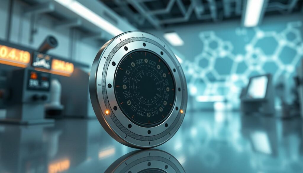 An advanced prototype of a circular Apple Watch sensor, prominently displayed in the foreground and detailed in sleek metallic finish with subtle glowing elements. The sensor should feature intricate micro-sensor patterns that hint at its diabetes detection capabilities. The middle ground shows a softly blurred laboratory setting, with modern testing equipment and glowing screens displaying health data. The background features abstract geometric shapes representing data flow, evoking a sense of cutting-edge technology. The lighting is bright and clinical, emphasizing the sensor's details while creating a sterile, professional atmosphere. Use a shallow depth of field to draw attention to the sensor while maintaining a clean, tech-focused vibe throughout the image.