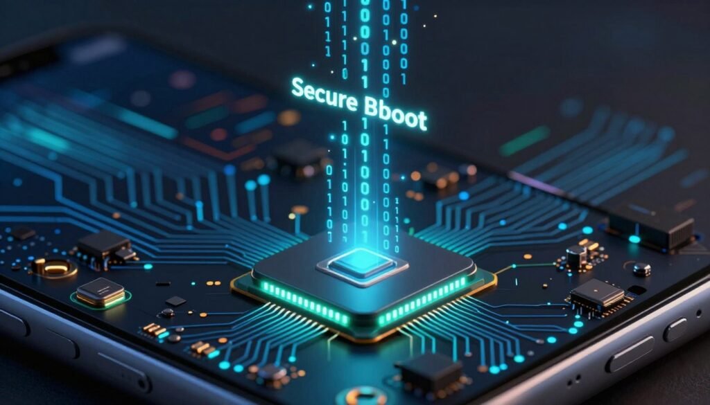 An intricate illustration of the Secure Enclave boot process in an iPhone. In the foreground, a close-up view of a dedicated secure chip, illuminated by soft blue and green LED lights, showing intricate circuits and tiny components. In the middle ground, a stylized representation of the secure boot sequence, with glowing binary code streaming down, symbolizing the initialization process. The background should feature a blurred, abstract depiction of a smartphone, incorporating technical elements like circuit patterns and digital data streams. The overall atmosphere should be futuristic and high-tech, with a dark theme contrasting with vibrant light accents, conveying a sense of advanced security and privacy technology.