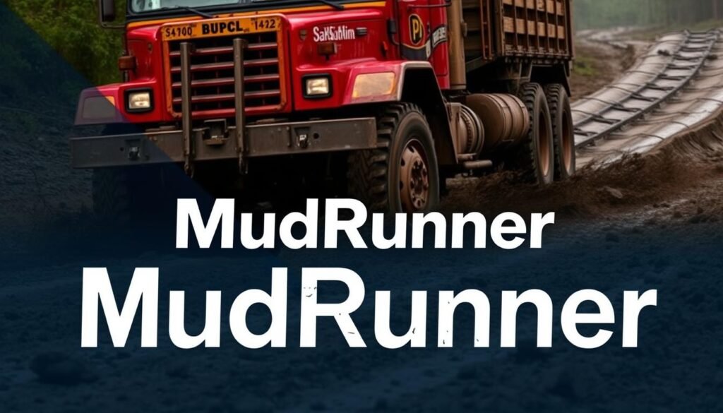 Gambar MudRunner dengan truk besar di jalan berlumpur