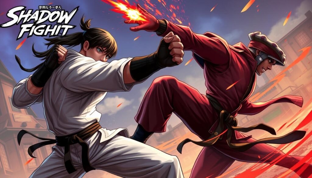 Gambar Shadow Fight 2 dengan karakter utama sedang bertarung melawan musuh