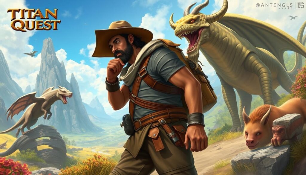 Gambar Titan Quest dengan karakter utama sedang menjelajahi dunia mitologi