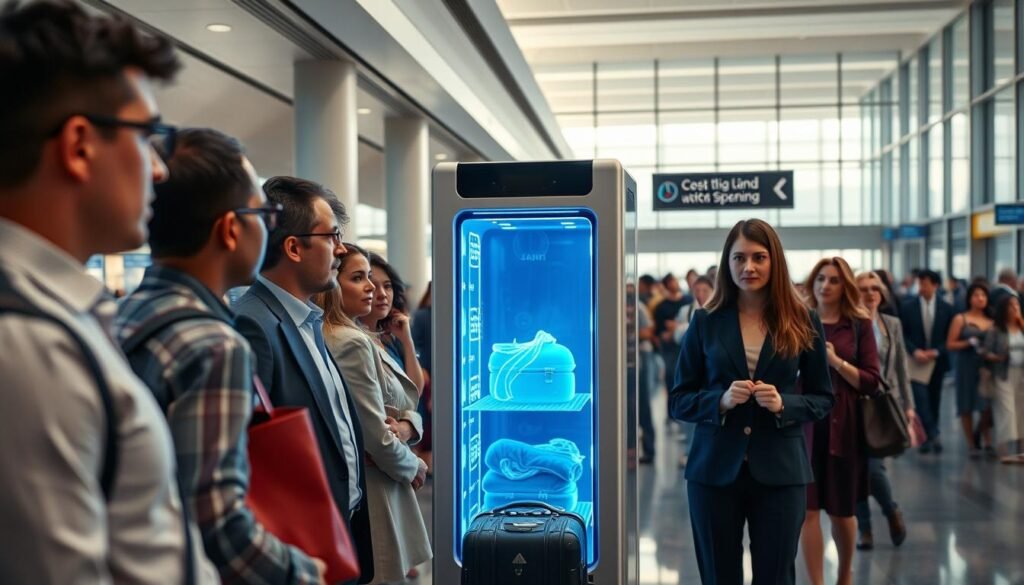 In a modern airport security area, a high-tech scanner is prominently displayed as passengers await their screening. The foreground features a diverse group of well-dressed travelers, both men and women, standing in line with expressions of concern and curiosity about their privacy. In the middle ground, the advanced scanner glows with blue and green lights, showcasing a holographic display that highlights the contents of luggage without opening them, illustrating the cutting-edge technology. The background includes an airport terminal bustling with activity, soft natural lighting filtering through large glass windows, creating a contrast between the sleek technology and the human aspect of travel. The atmosphere is tense yet innovative, capturing the dual focus on security and personal privacy concerns.